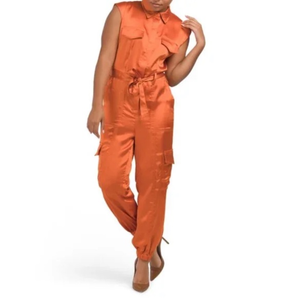 Rachel Zoe Pants - RACHEL ZOE Burnt Orange Satin Utility Jumpsuit 8 HALLOWEEN RARE
